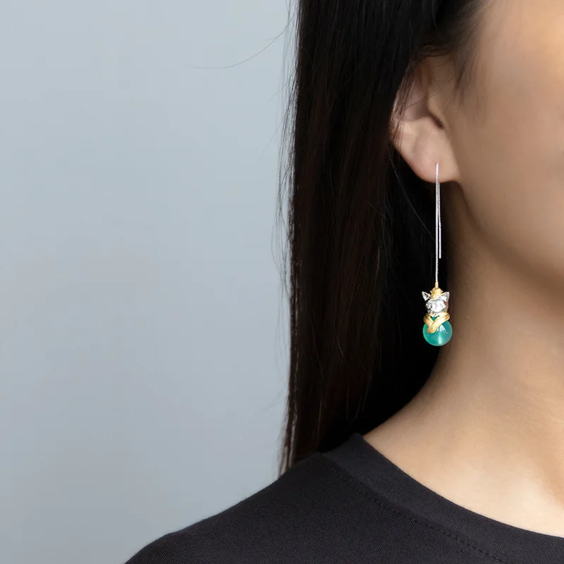

INATURE 925 Sterling Silver Cute Cat Asymmetric Earrings for Women Fine Jewelry Natural Green Agate Drop Earring