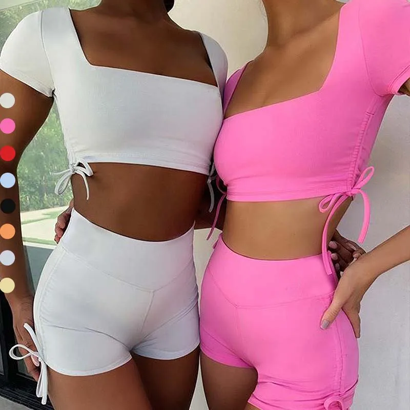 

2021 New 7 Colors Women Drawstring Yoga Fitness Set Square-neck Short-sleeved+Shorts Backless Sexy Gym Running Sports Suit