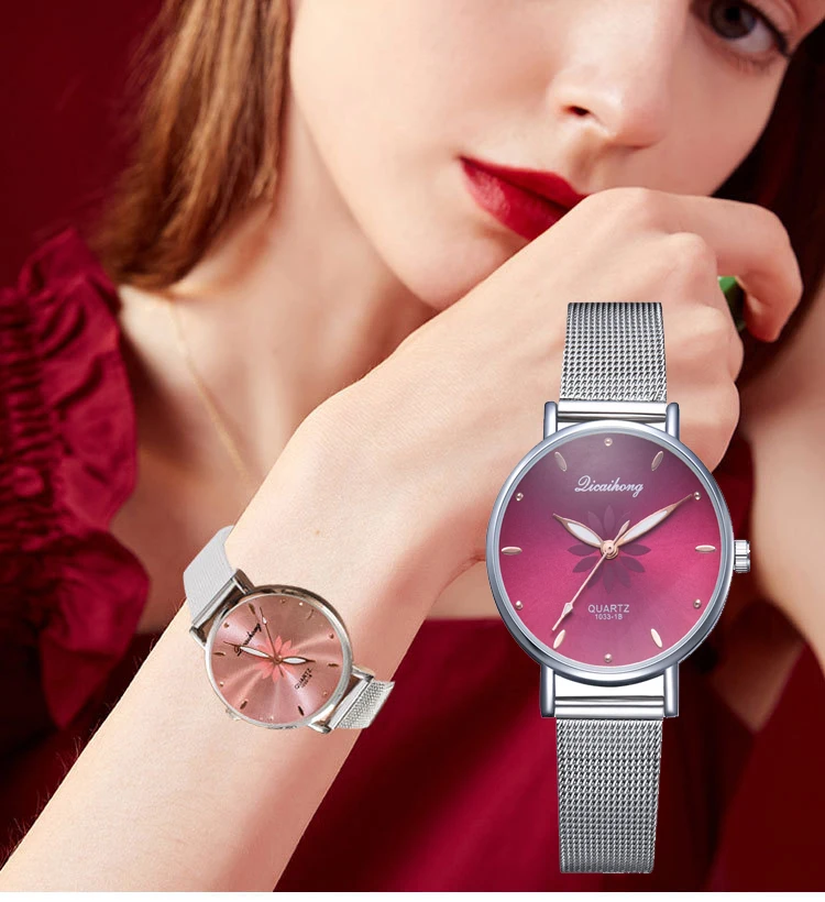

New Montre Femme Branded Women's watches Fashion Ultra-thin Clock Stainless steel Mesh belt Magnet buckle Pink Dial Gifts Watch