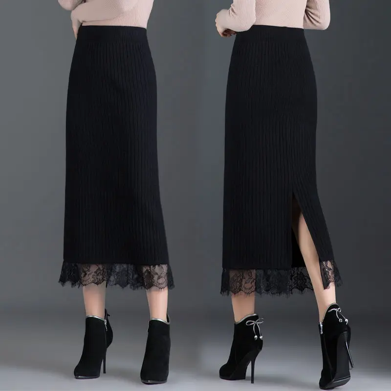 

2021 Autumn Winter Lace Skirt New Women Knit High Waist Midi A-Line Skirts Elegant Korean Style Solid Color Skirt Y139
