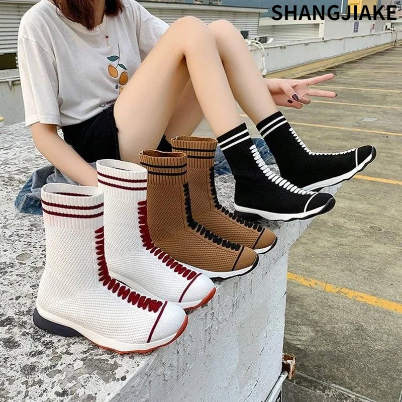 

Large Size 43 Stretch Knit Boots Short Boots Women Flat Bottom 2021 New Medium Tube Flying Shuttle Woven Socks Boots Women