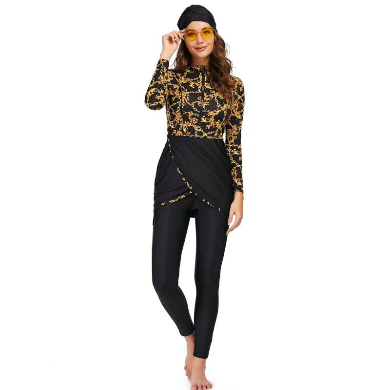 

Muslim Swimwear Women Modest Patchwork Hijab Long Sleeves Sport Swimsuit 3pcs Islamic Burkinis Wear Bathing Suit