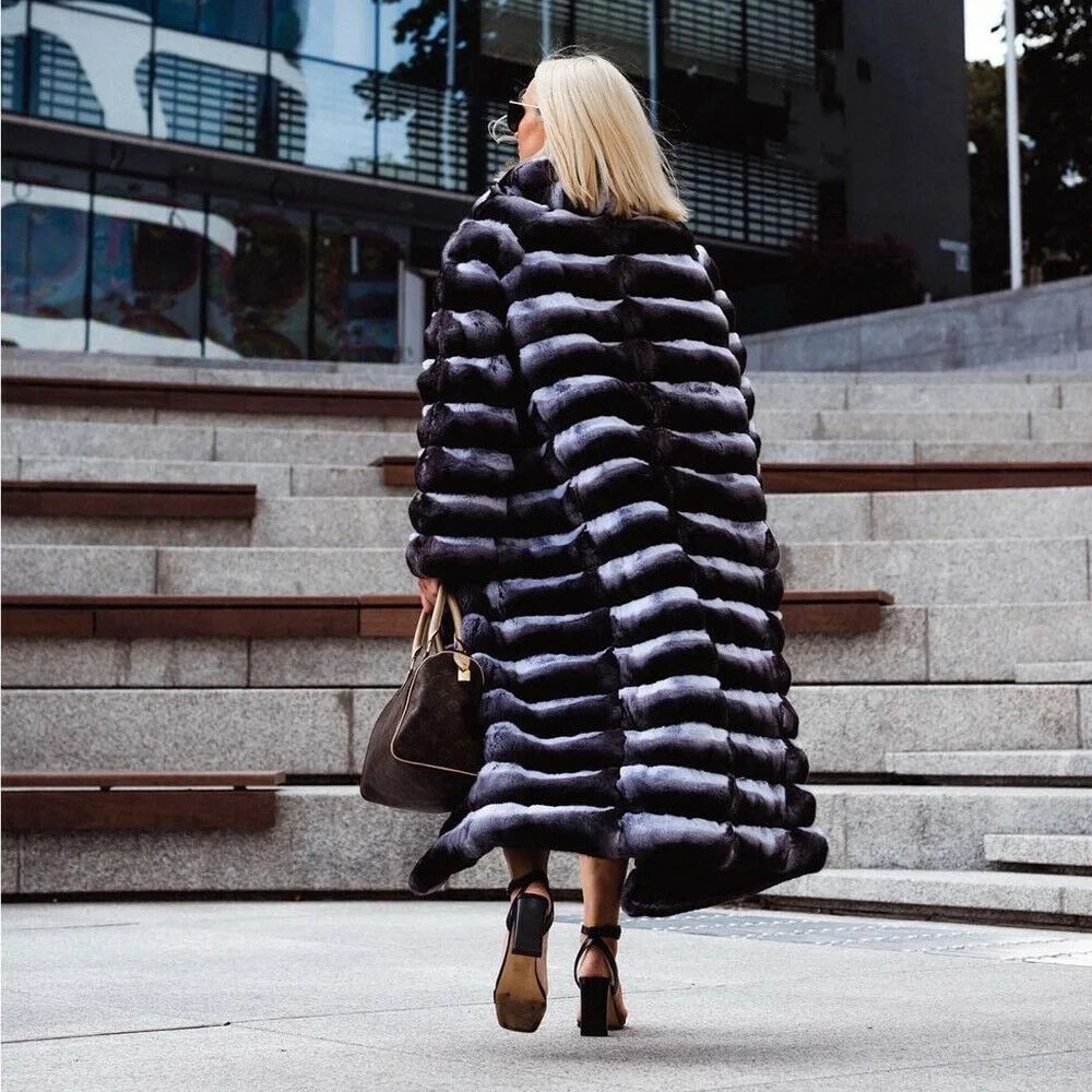 Fashion Long Rex Rabbit Fur Coats Women Natural High Quality Whole Skin Genuine Rex Rabbit Fur Coat with Lapel Collar Outwear