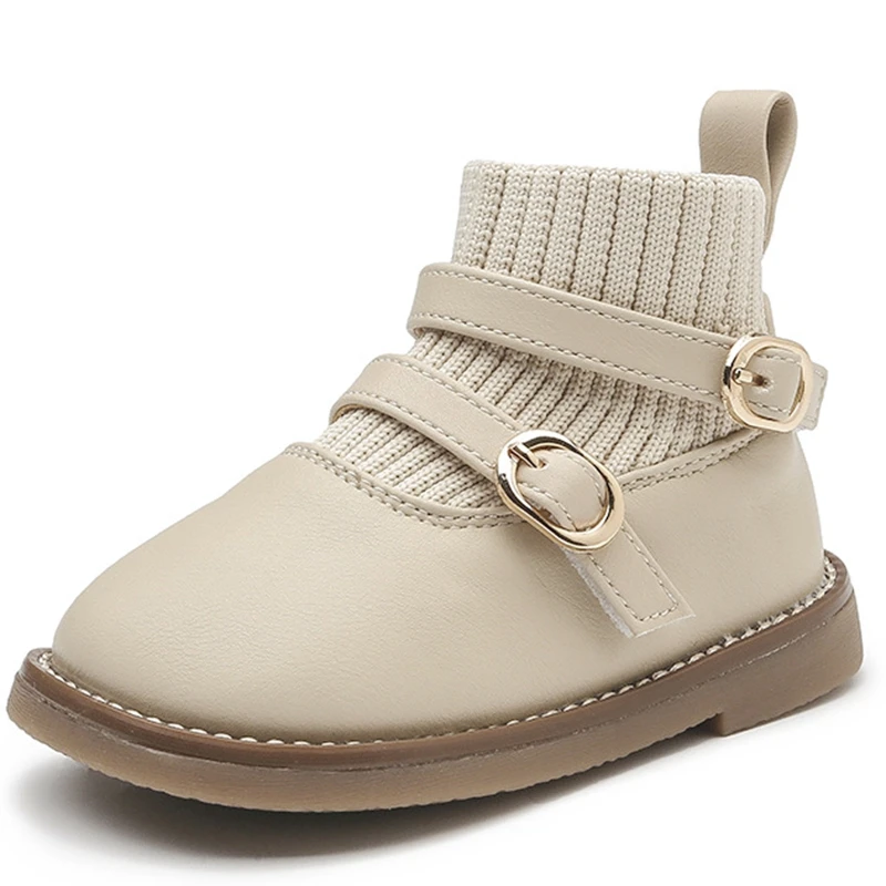 

Вязаные ботильоны для маленьких девочек и мальчиков, однотонные осенние ботинки без шнуровки из искусственной кожи на плоской подошве для ...