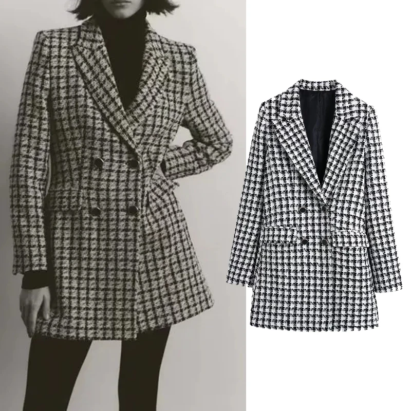 

Za Women 2021 Fashion Tweed Houndstooth Textured Blazer Vintage Long Sleeve Pocket Women Casual Lapel Jacket Chic Long Coat top