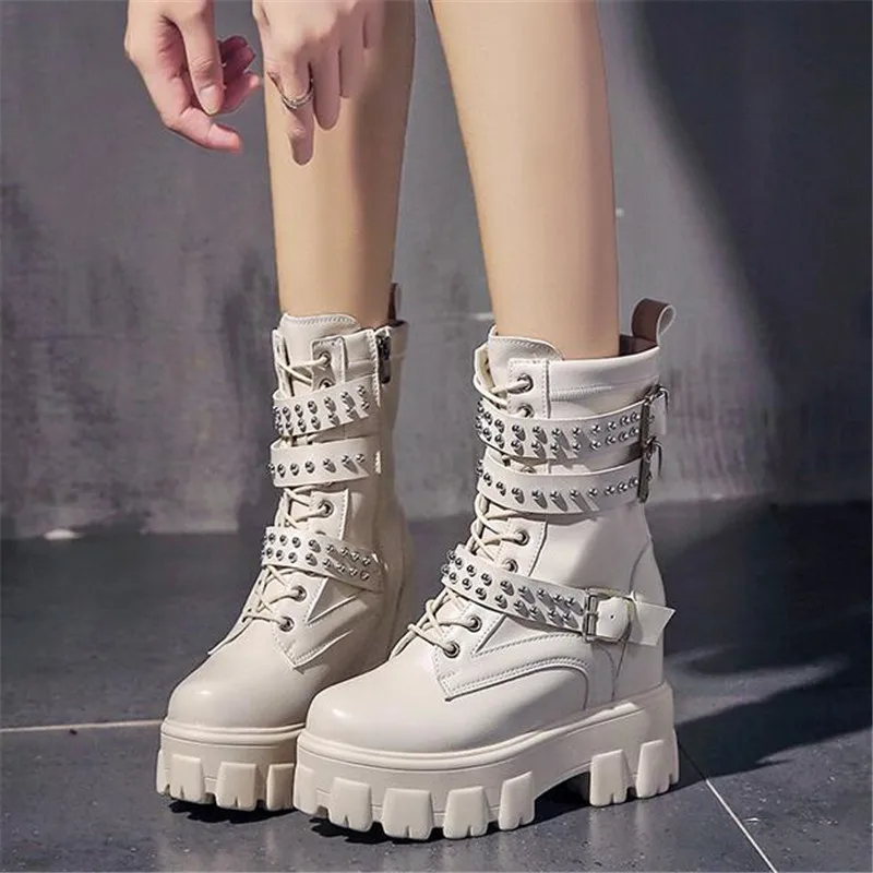 

New Thick Heel Ankle Boots 2020 Lace Up Chunky Boots Women High Heels Autumn Winter Woman Shoes Rivet Boots Warm Platform Shoes