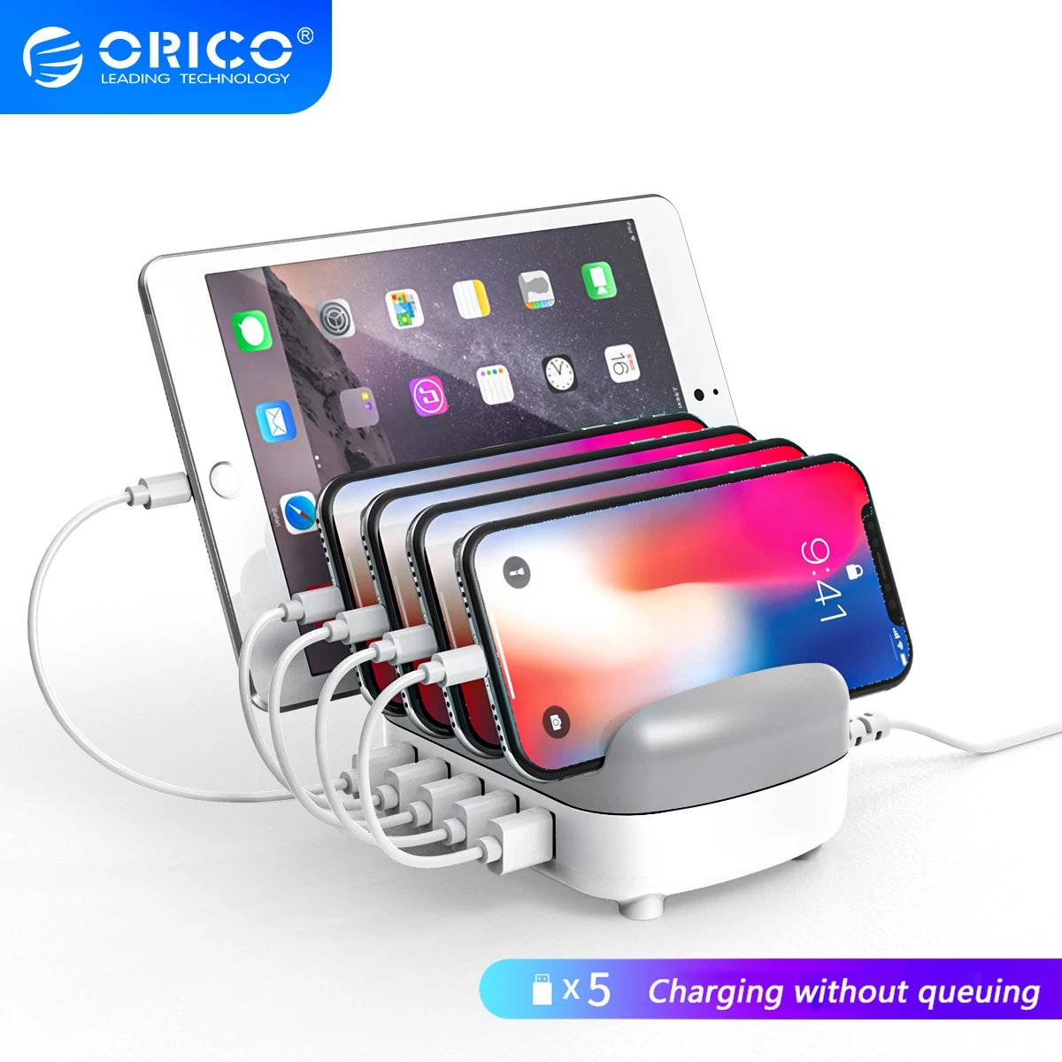 

ORICO DUK 5 Ports USB Charger Station Docking with Holder 40W 5V2.4A Charging Free USB Cable for iphone Samsung Xiaomi PC Tablet