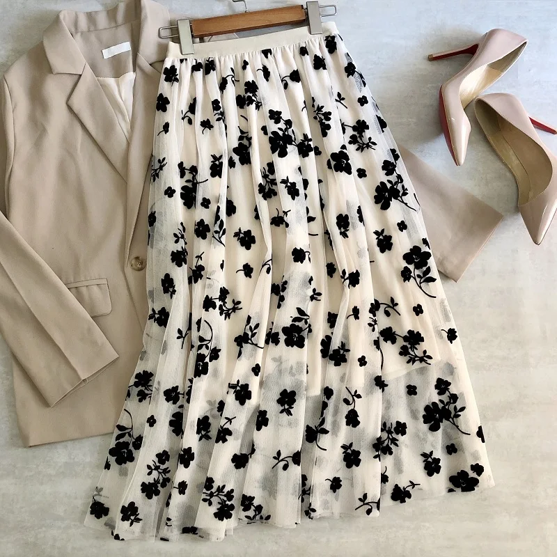 

Юбка Женская флисовая трапециевидная с цветочной вышивкой, элегантная Тюлевая длинная юбка с завышенной талией, миди, весна-лето
