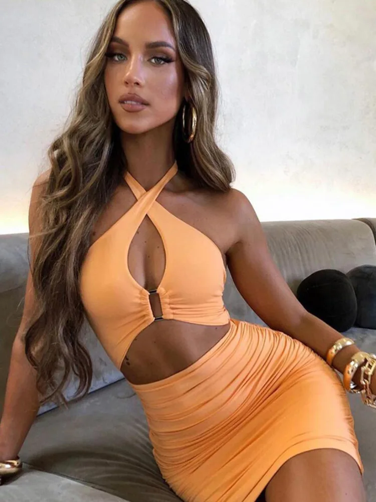

SRUBY Sexy White Dress Women Halter Hollow Out Dress Sleeveless Backless Mini Bodycon Dress Casual Summer Beach Dress Vacation