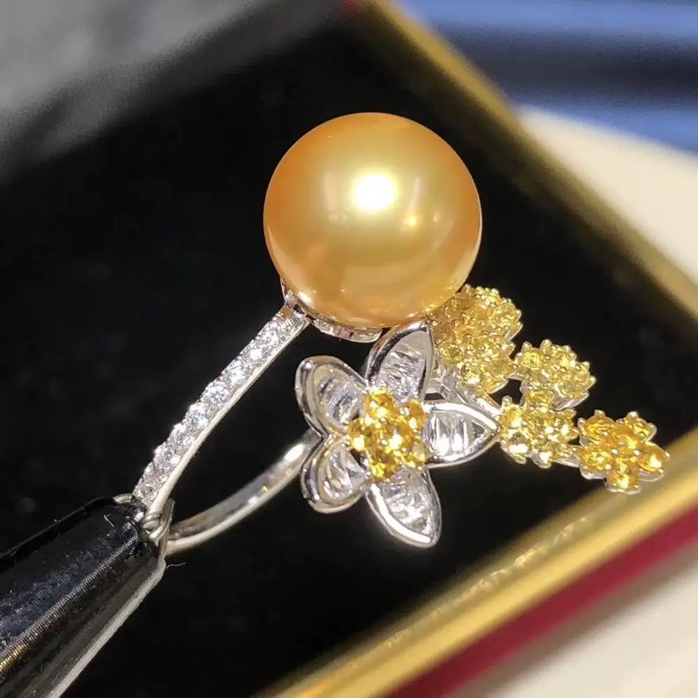 

D605 Pearl Ring Fine Jewelry 925 Sterling Silver Zircon Round 9-10mm Nature Sea Water Golden Pearls Rings for Women Presents