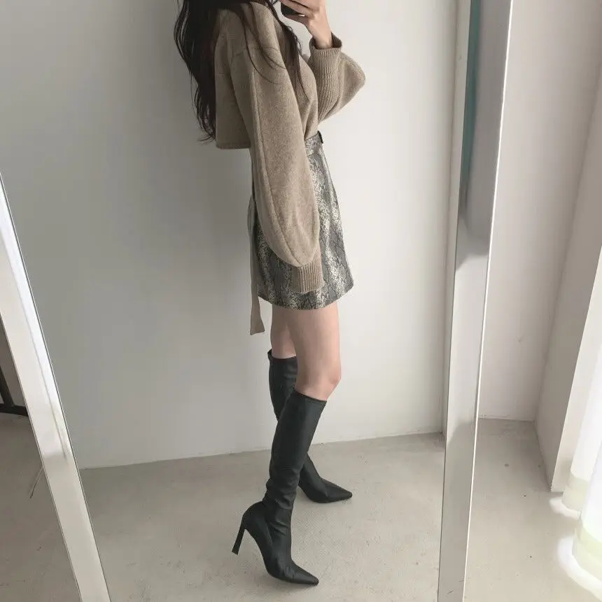 Korean Clothing Vintage Skirt and Top Set Women Long Sleeve Sweater Backless Belt Pullover And High Waist Woolen Mini Skrit |