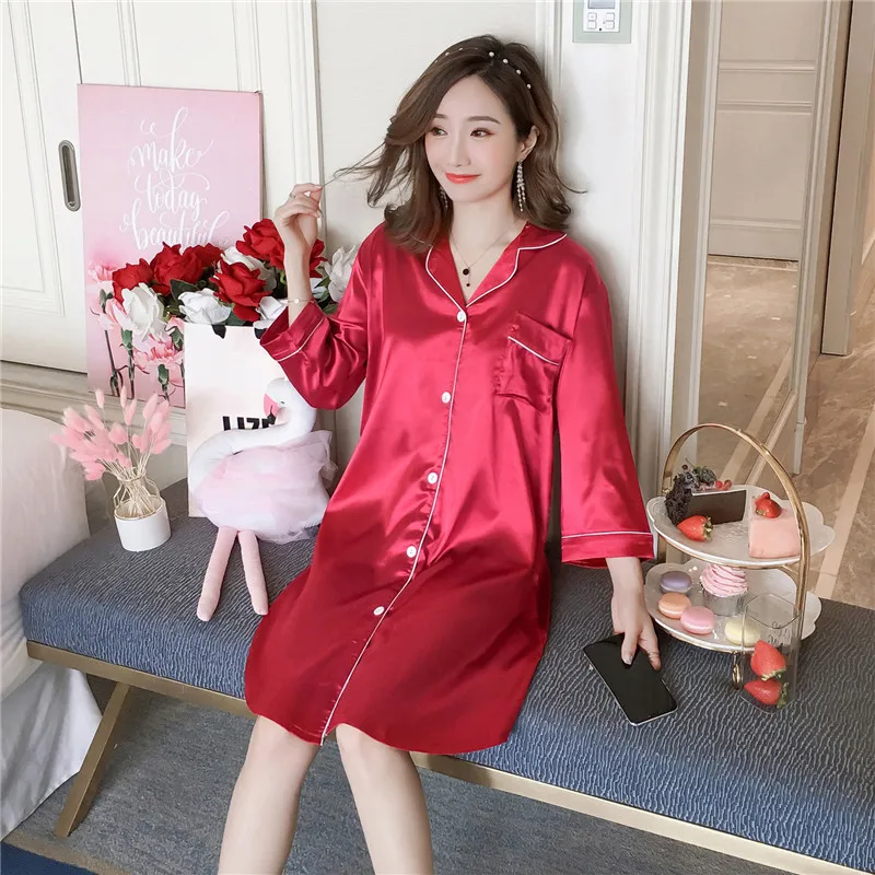 Spring Autumn Solid Color Three Quarter Women's Nightdress Ice Silk Large Size 100kg Fat MM Nightgowns & Sleepshirts Home Wear