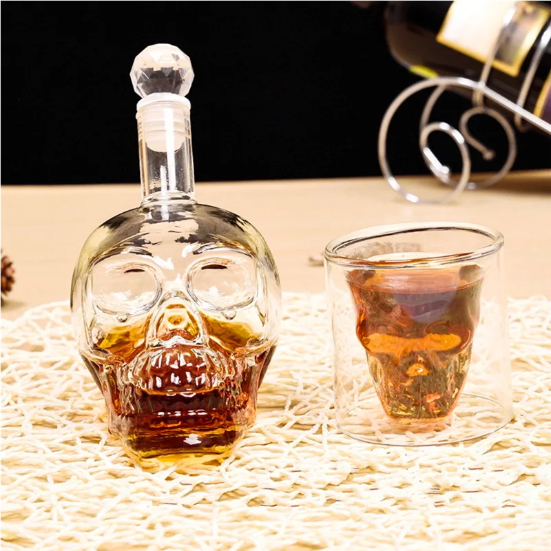 

Skull Head Glass Bottle Cup Set Shot Whiskey Vodka Wine Cocktail Mugs Tea Double Walls Layers Drinking Shots Glasses Decanters