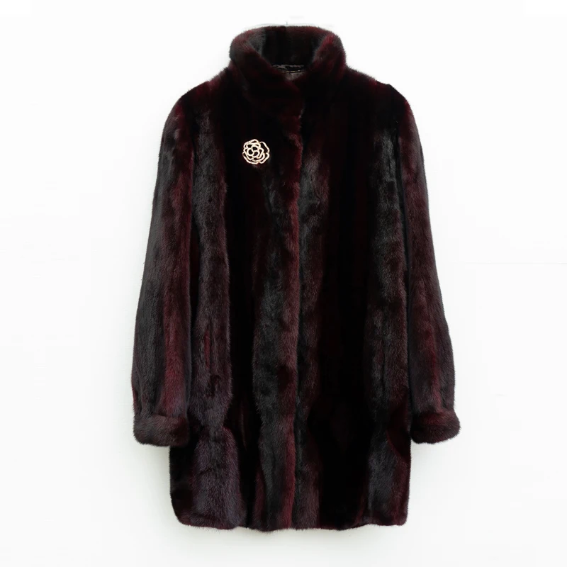 

New Real Mink coat Winter Fashion Women Long Sleeve Thicken Warm Hidden discount High quality Female Pockets Stand collar coat