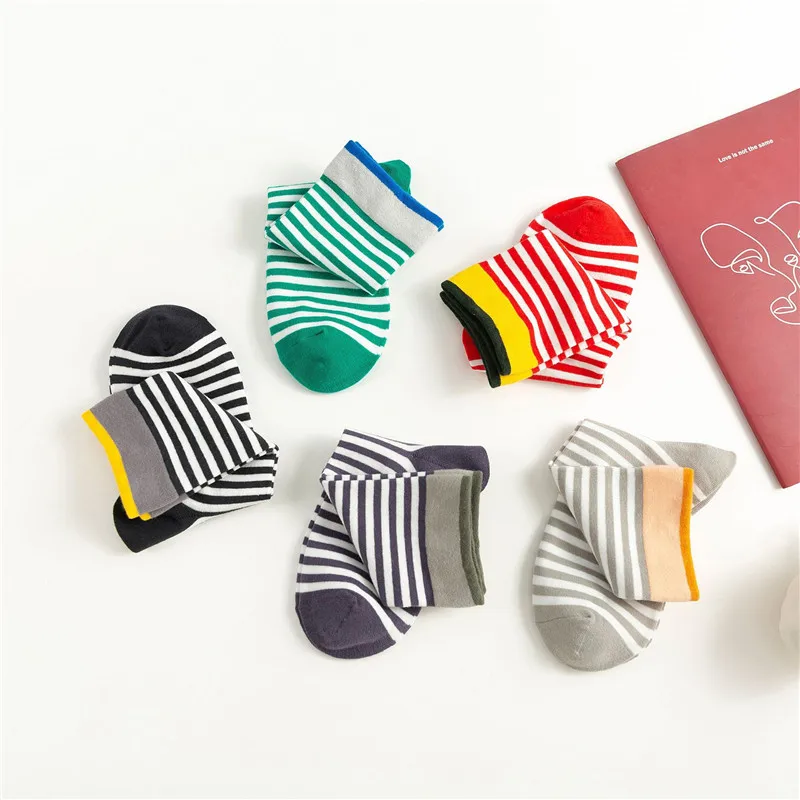 Women Solid Striped Cotton Socks Navy Stripes Socks Red Stripes Socks Warm Thick Winter Socks Girls Green Ankle Sock 5 pairs/lot