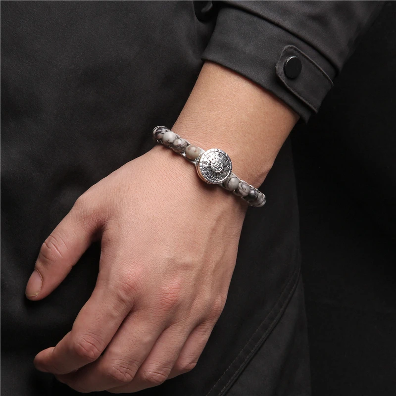 

Patron Saint Series Bracelets 8 mm Natural Polar Jad Stone Beads Handmade Weave Bangle Men Silver Color Life Tree Charm Pulsera