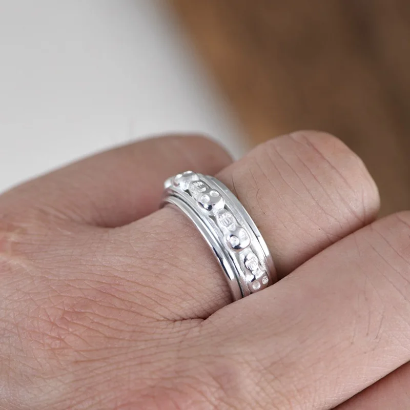 

S925 Sterling Silver Mens Rings Fashion Rotatable Skull Punk Men and Women Ring Simple Vintage Fine Jewelry