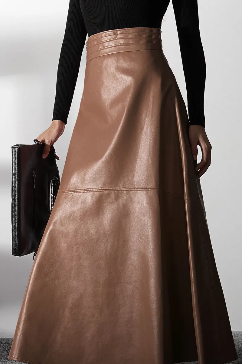 

Women's Vintage High Waist Flared Skirt Midi PU Skirt Solid Color female fairy Skirts