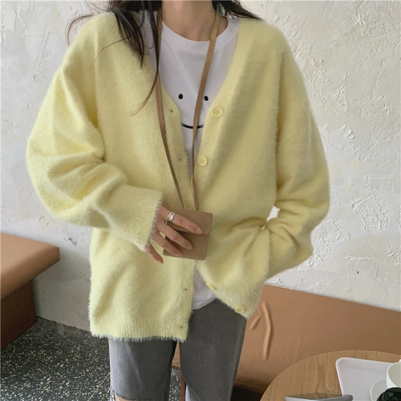 

Женский Повседневный Кашемировый Свитер оверсайз в японском стиле с V-образным вырезом и длинным рукавом, универсальный трикотажный кардиг...