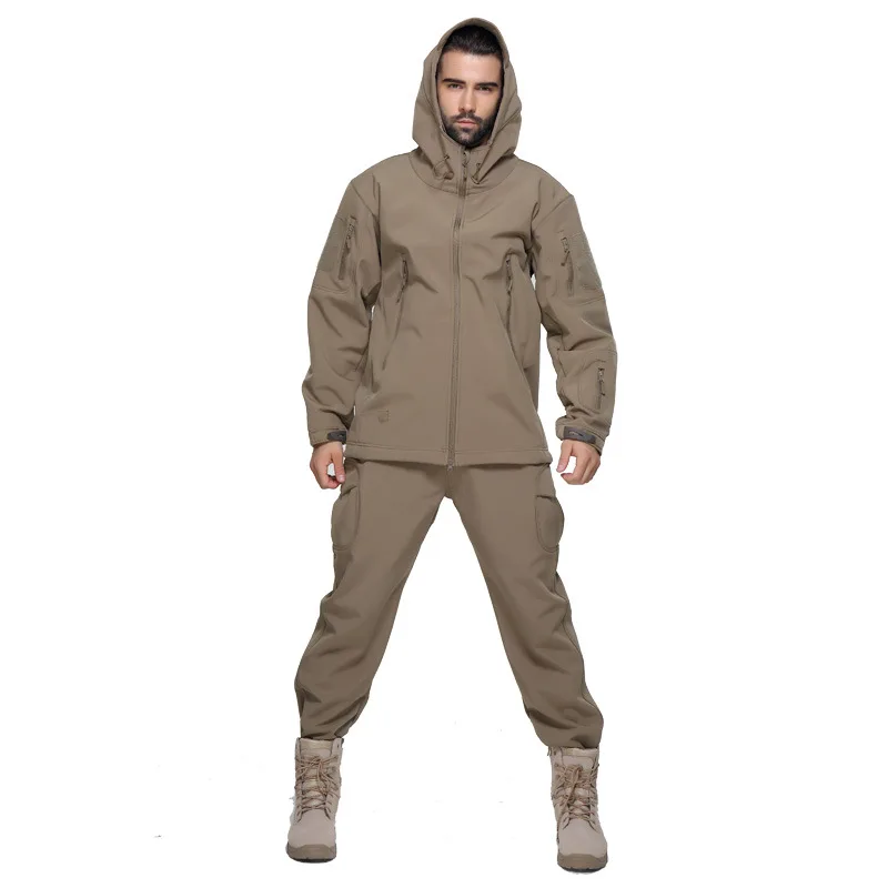 Khaki ATACS Мужская мягкая оболочка Военная тактическая куртка уличная камуфляжная охотничья флисовая куртка с капюшоном - Цвет: Khaki