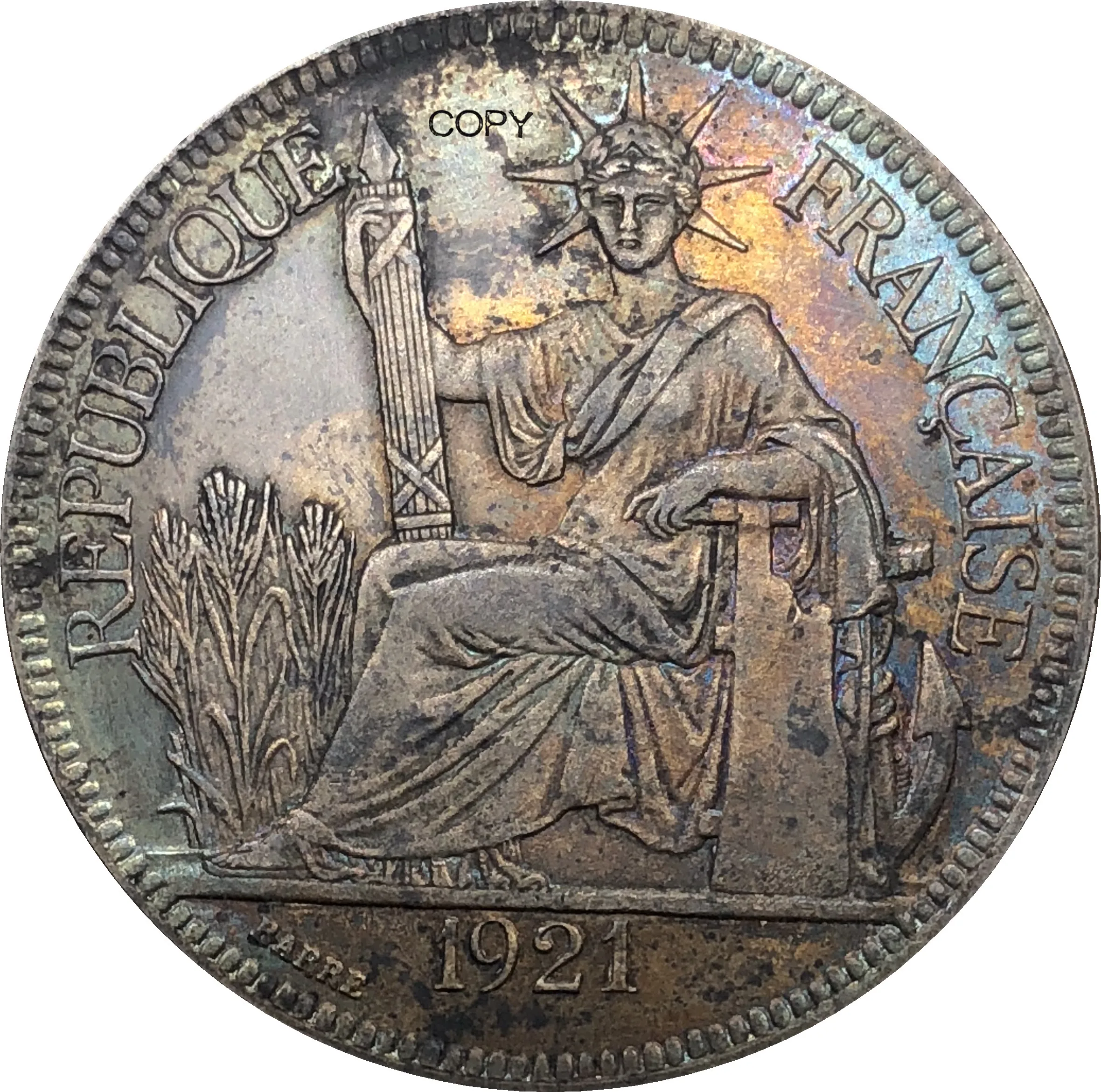 Французская монета Indochina 1921 H 1 Piastre Commerce REPUBLIQUE FRANCAISE cuproniccel с посеребренным