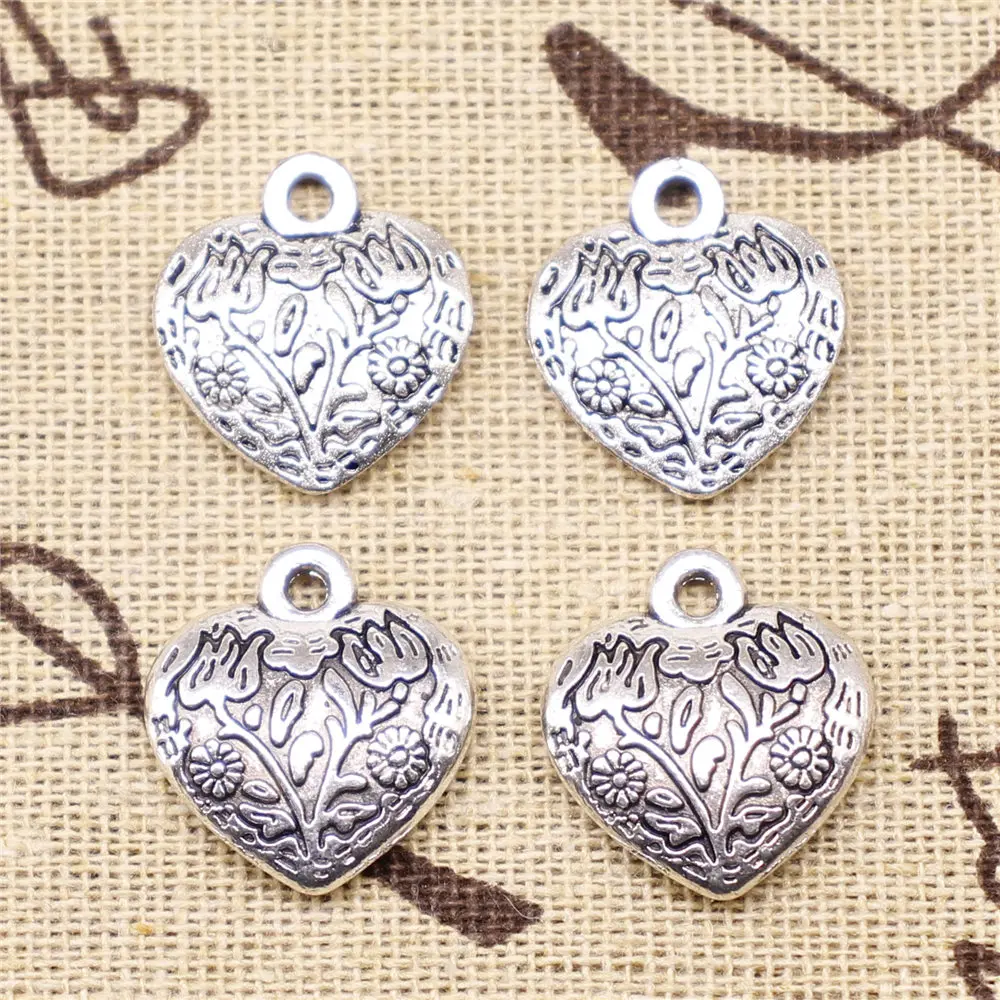 

Charm For Making Jewelry Pendants Antique Silver Color Flower Pattern Peach Heart 19x18mm 5pcs