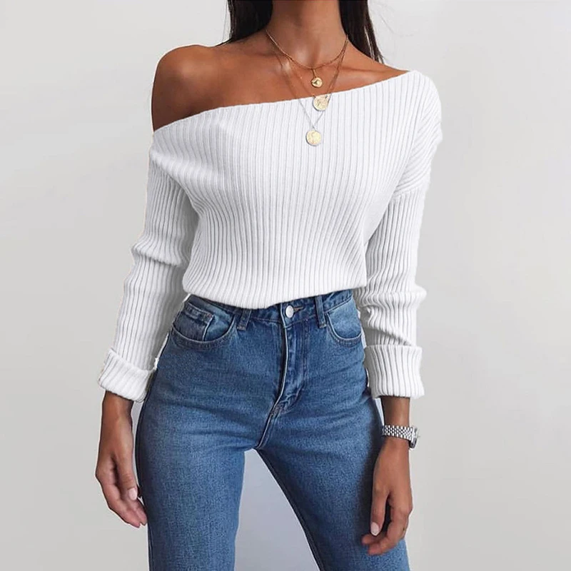 

Sexy knitted sweater with sloping collar