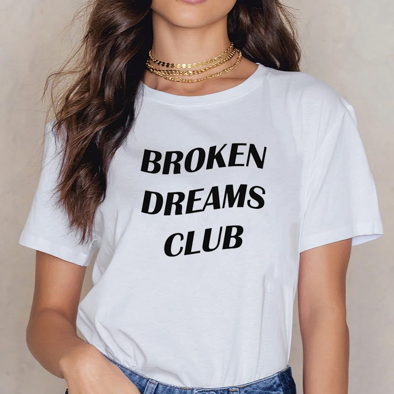 

Borken Dreams Club Letter Printed Fashion T Shirt Harajuku Women Short Sleeve Tumblr Grunge White Tee Hipster Female Tee Top