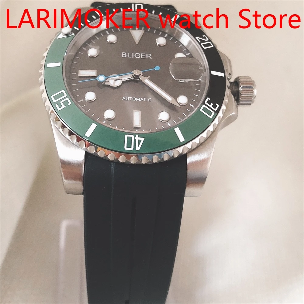 

Automatic Men's Watch NH35/MIYOTA 8215 Movement Sapphire Glass Date Black Rubber Strap Aluminum Black Green Bezel