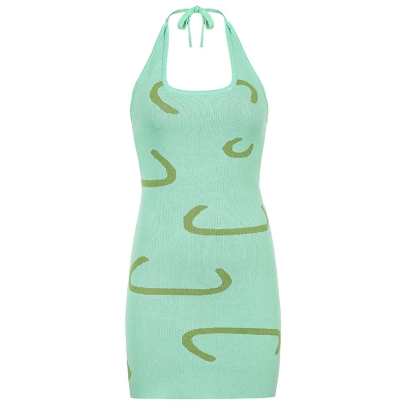 

Women Sexy Hatler Neck Off Shoulder Backless Knitted Bodycon Mini Dress Striped Print Summer Beach Club Party Sundress 50LD