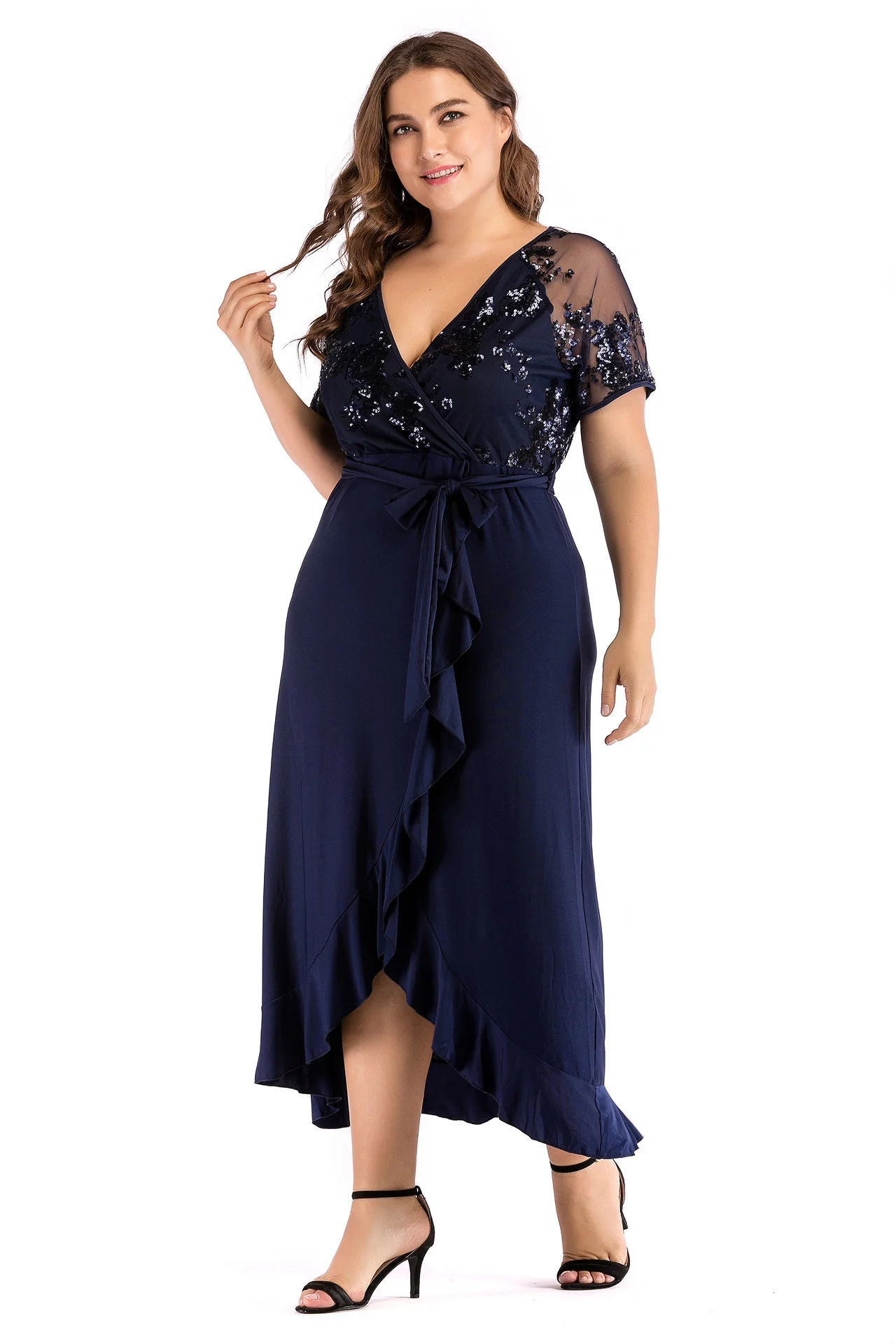 

Женское летнее длинное платье с блестками, V-образным вырезом и коротким рукавом