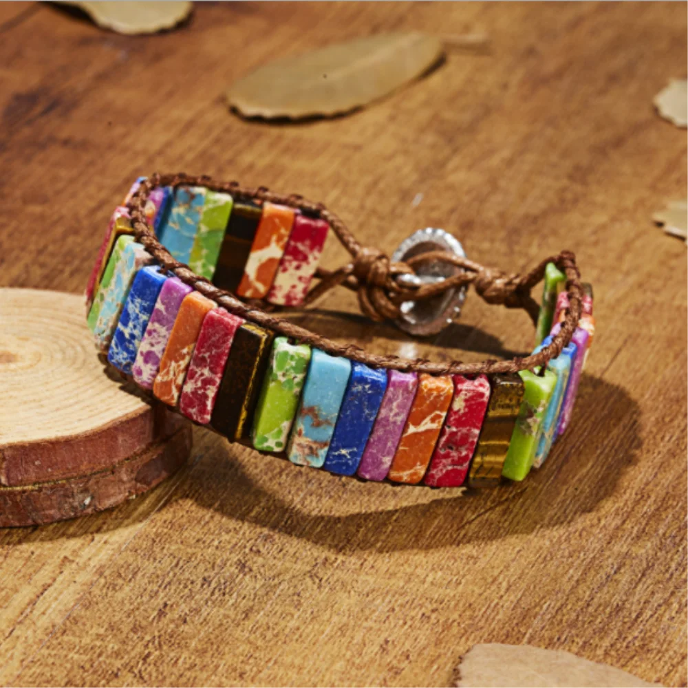

Chakra Bracelets for Women Handmade Natural Jasper Stone Healing Energy Bead Leather Wrap Bracelet Jewelry