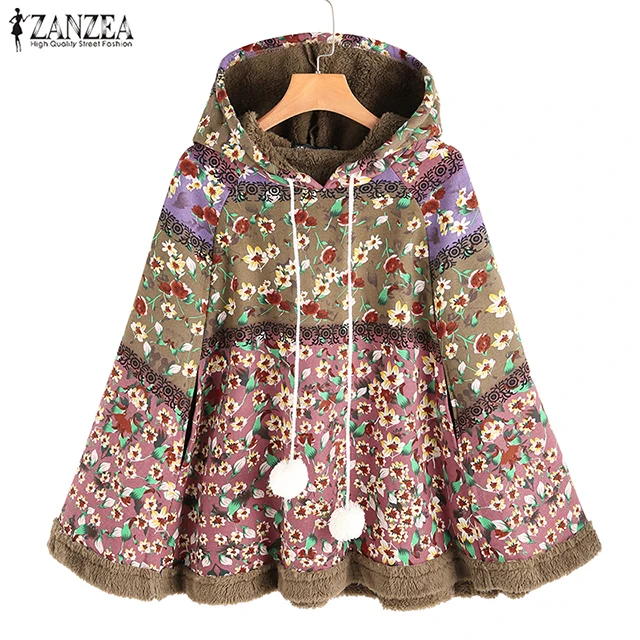 ZANZEA зимние теплые женские толстовки с принтом пончо пальто Женский пуловер с капюшоном верхняя одежда парка размера плюс Топ