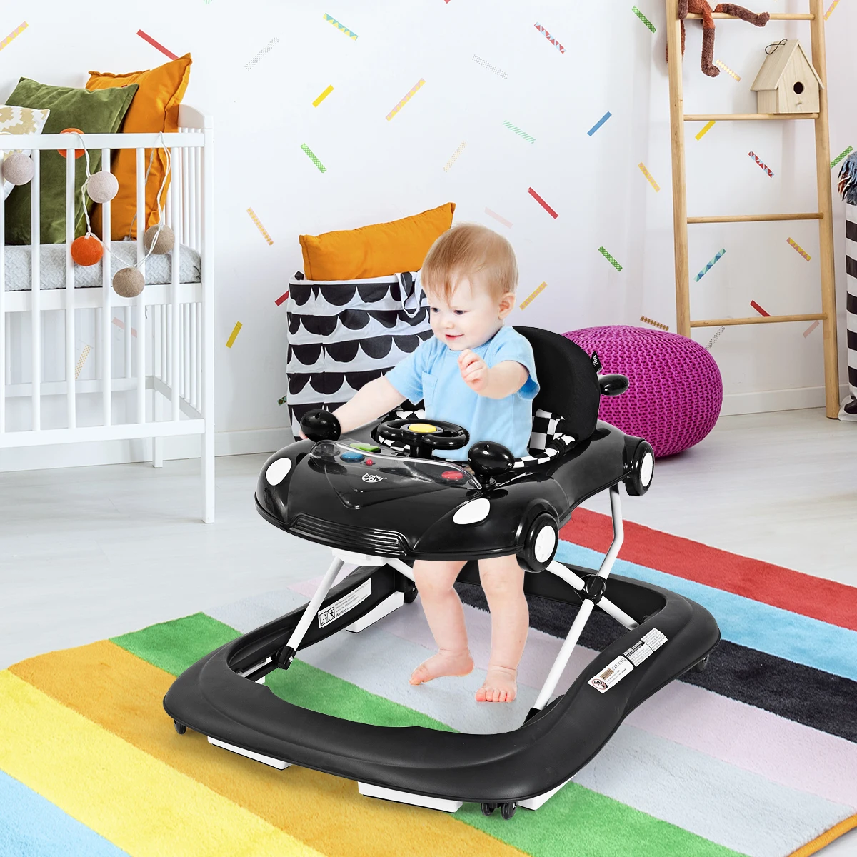 2-in-1 Foldable Baby Walker Adjustable Heights Ourdoor W/Music & Lights Black