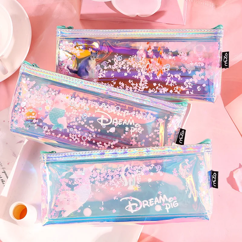 

Creative Laser PU Pencil Bags Cute Cartoon Pencil Case Box Glitter Pen Bag Pouch Student Stationery Supplies school sets