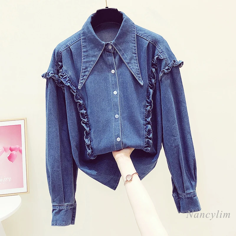 

Джинсовая рубашка для женщин, новинка весны 2021, модное свободное джинсовое пальто с оборками, Женский студенческий Свободный Повседневный ...