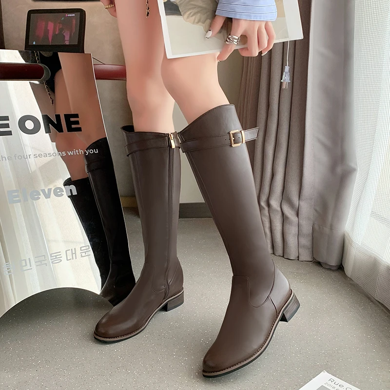 Женские сапоги из натуральной кожи, коричневые сапоги до колена, на молнии, на толстом каблуке, с пряжкой, Осень-зима 2020