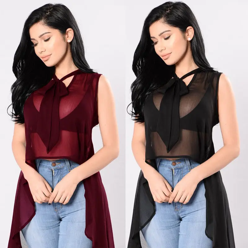 Women Sleeveless See through Long Shirt Burgundy Translucent Mesh Sheer Irregular Blouse Streetwear Transparent