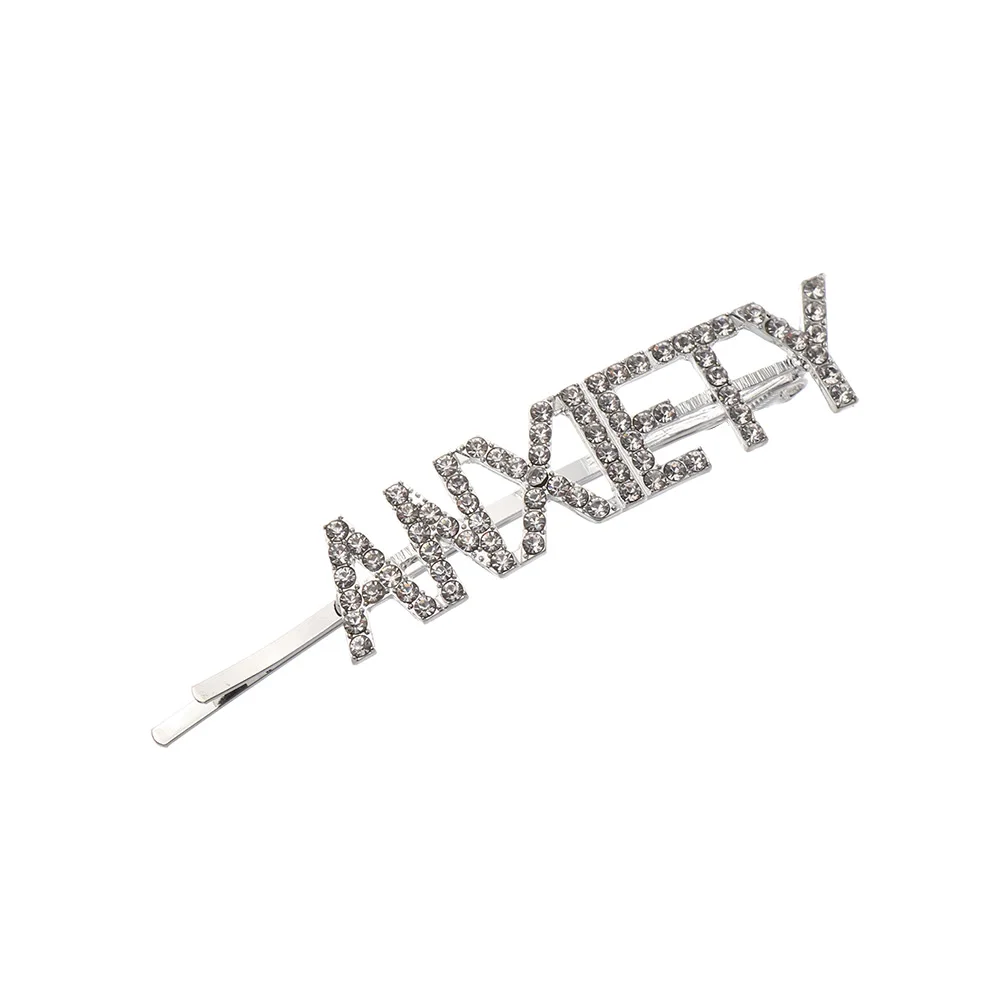 Silver ANXIETY 1 шт. Горячая Мода письмо шпилька уникальные яркие стразы кристаллы заколки для волос слова заколка женские аксессуары для украшений для волос - Цвет: Silver ANXIETY