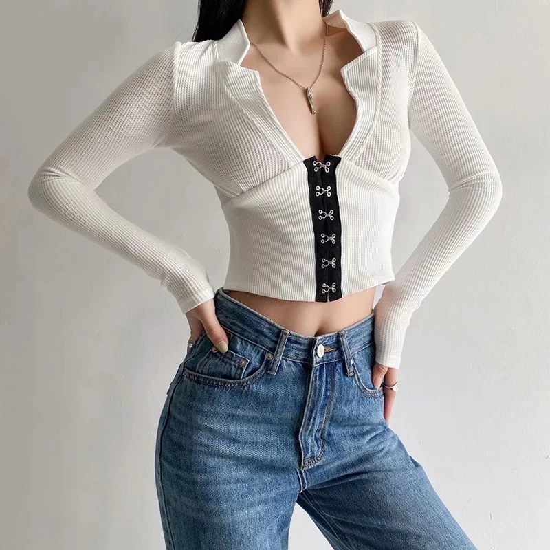 

Women Sexy Deep V Neck Waffle Top With Hook-and-eye Placket Plunge Front Long Sleeve Top S870