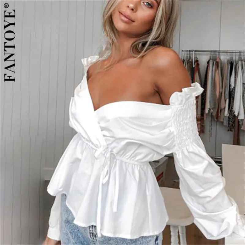 Fantoye сексуальная женская блузка с открытыми плечами белая элегантная рукав