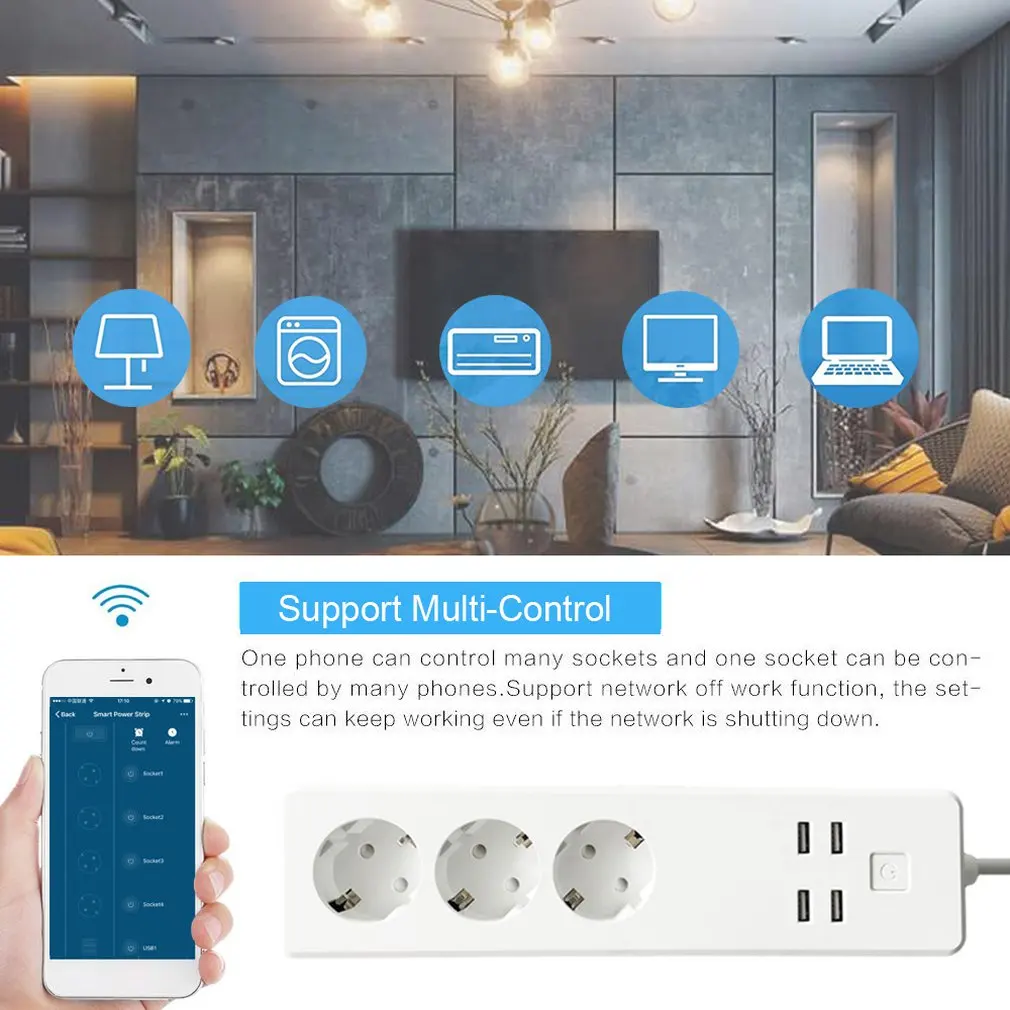 Wifi Smart Power Strip 4 EU Outlets Plug With USB Charging Port Timing App Voice Control Home Assistant | Электроника