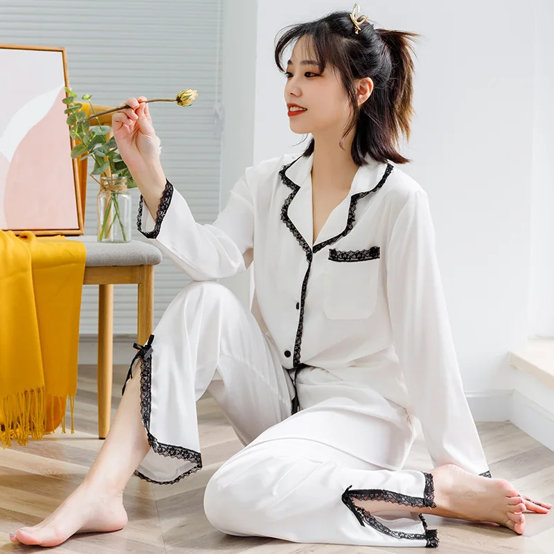 

White Satin 2PCS Ladies Sleepwear Spring Autumn New Pajamas Suit Sweet Lace Bow Trim Home Clothes Casual Pyjama Loose Nightwear