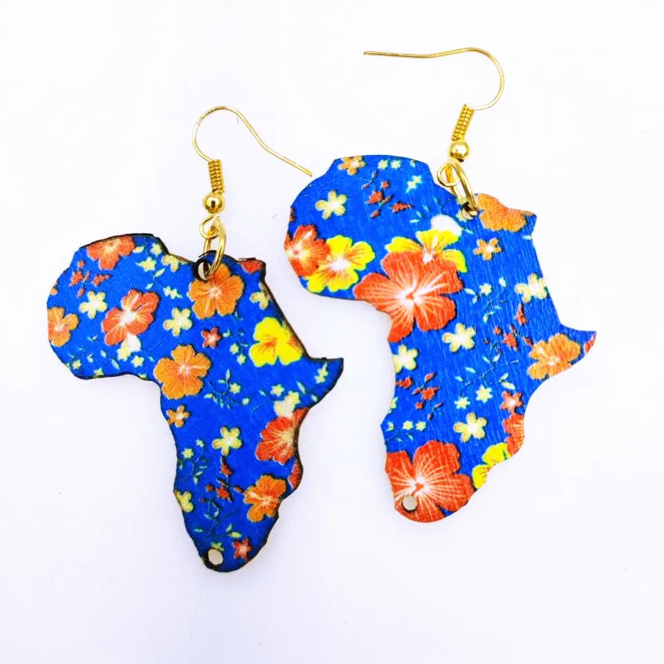 100 Pair African Map Drop Earrings Cute Printing Flower Earrings Women Gold Hooks Wooden Earring Asymmetrical Earring 30 Colors