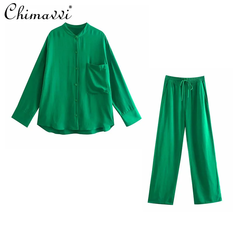 

Women's Green Casual Loose Long Sleeve Shirt High Waist Wide Leg Solid Color Pants Female Two Pieces Pants Set