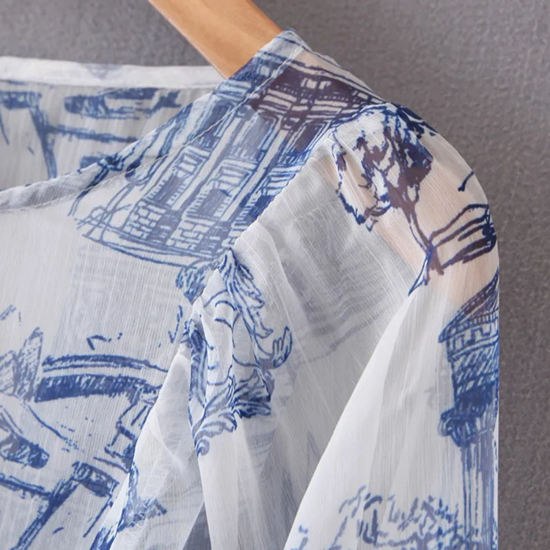 NSZ женская синяя прозрачная блузка с принтом посмотрите на Дешевое платье