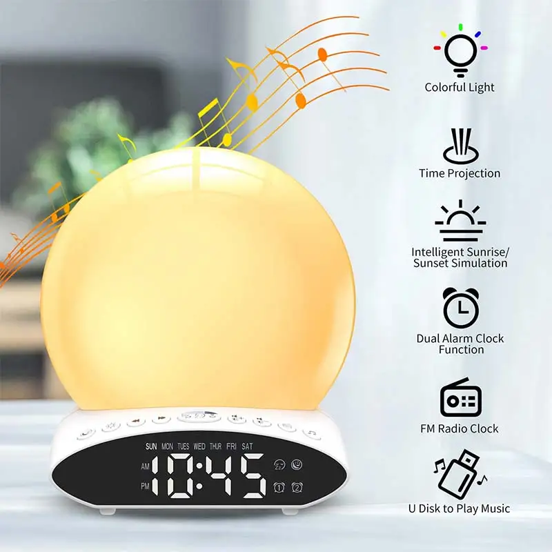 

Digital Alarm Clock Wake Up Light Table LED Lamp Electronic Clock Despertador Sunrise Sunset Alarm Snooze Clocks FM Radio Desk