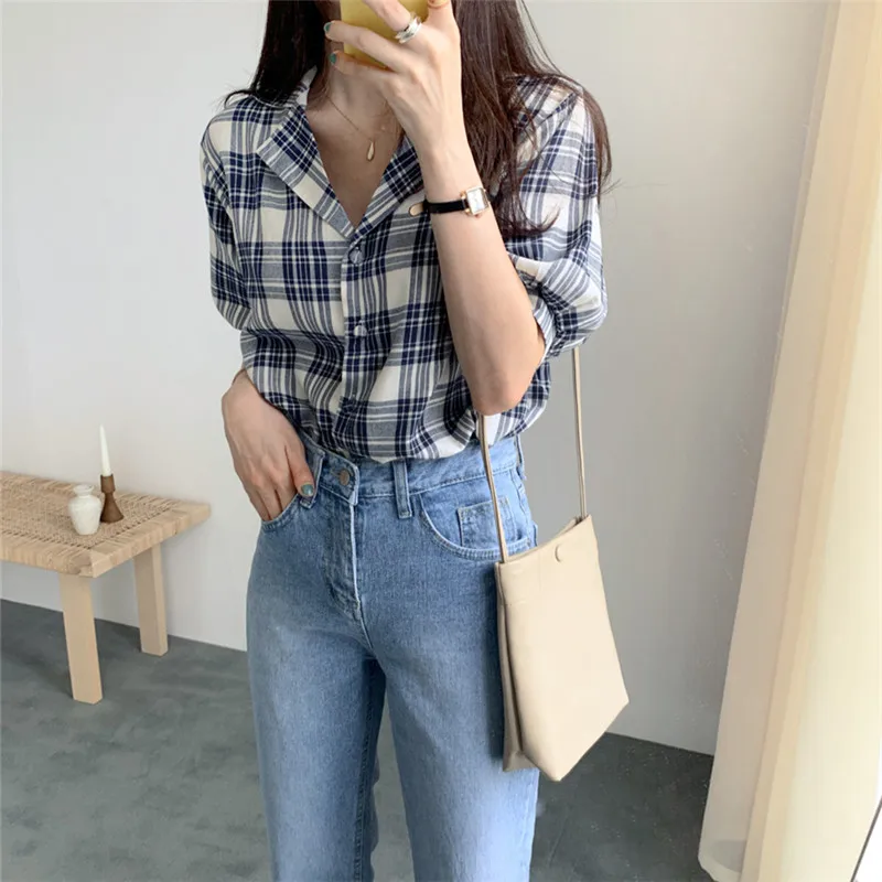 New Plaid Shirt female Casual Blue Tops Women Short sleeve Linen Cotton Summer Girls Blouse Plus Size Blouses femme Blusas | Женская