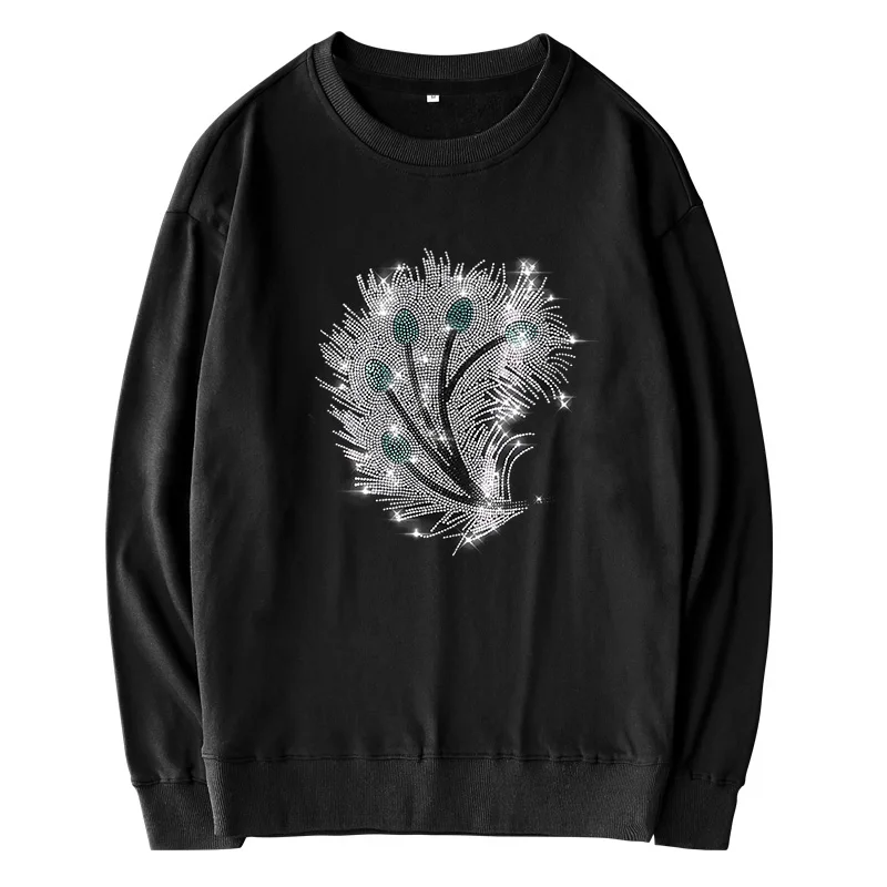 

Autumn New Fashion Loose Sweatshirts Female Creativity Peacock Feather Hot Diamonds Pattern Casual O-Neck Women Tops 723