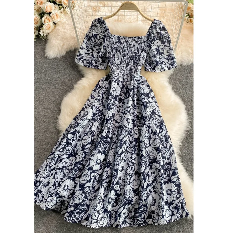 

Summer New Arrival Floral Pattern Slim Dress Casual Short Sleeve High Waist Dresses Female Outdoor Party Dresses Square Collar